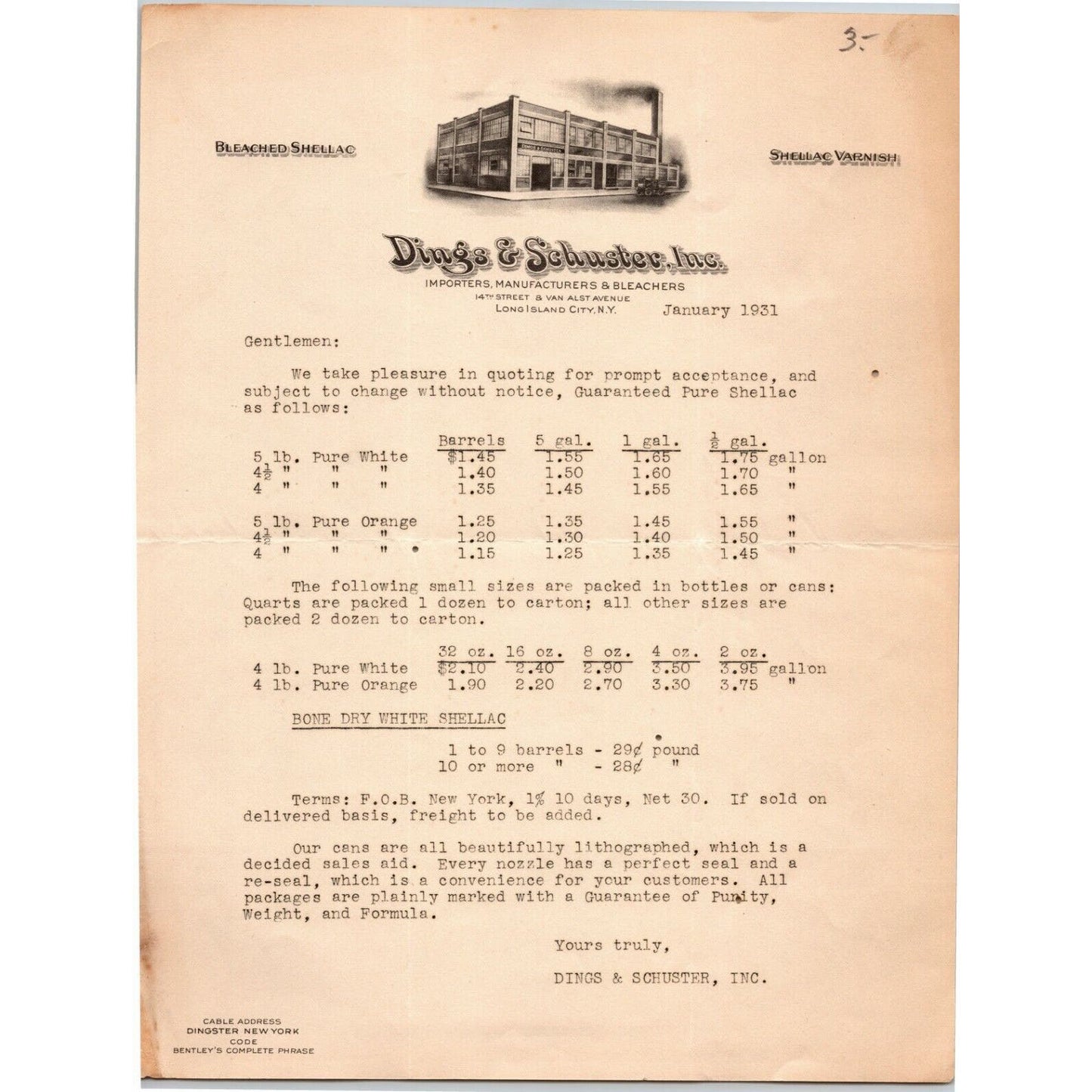 Long island City NY Billhead Letterhead 1931 Dings & Schuster Bleached Shellac