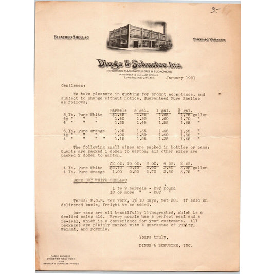 Long island City NY Billhead Letterhead 1931 Dings & Schuster Bleached Shellac