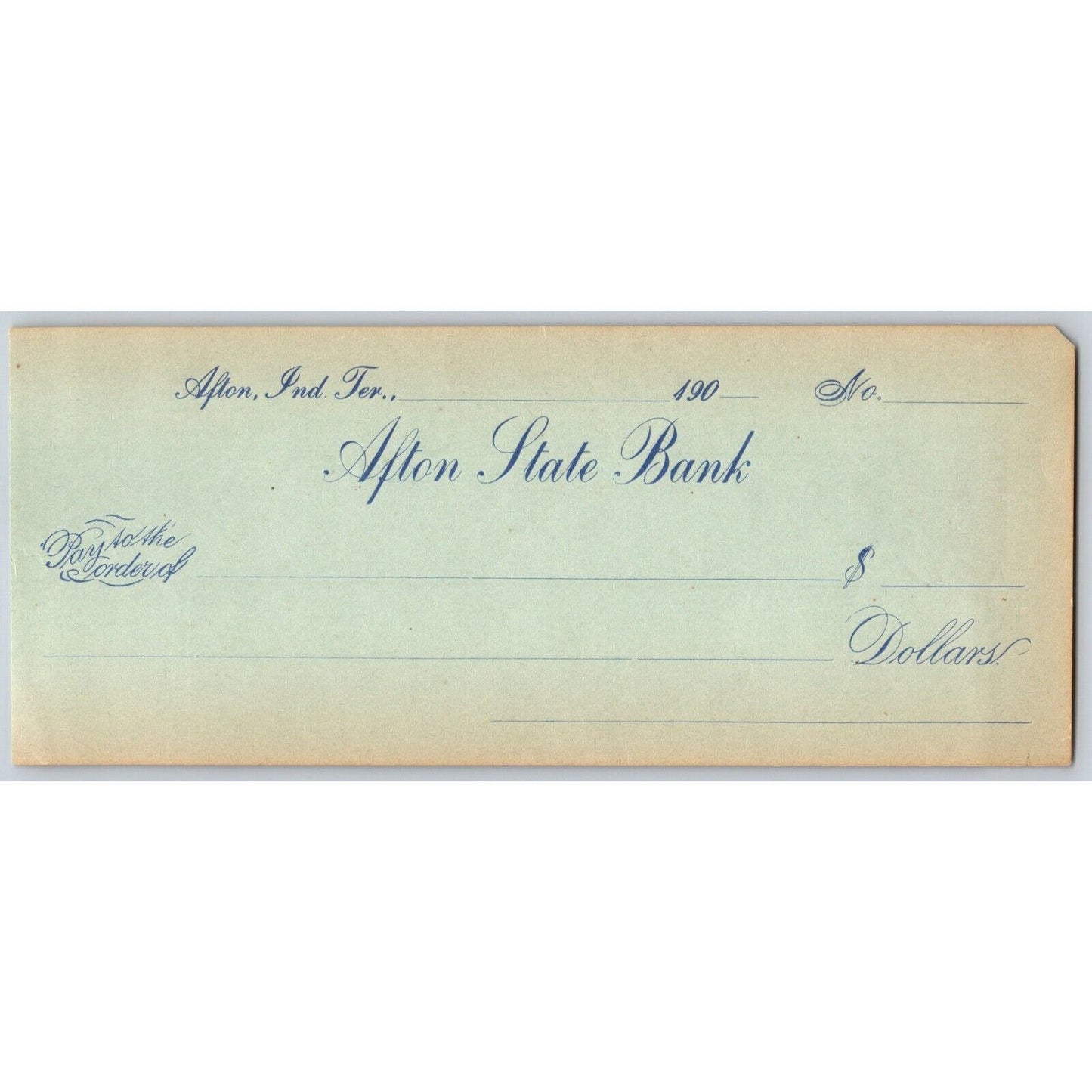 Afton, OK c1900-07 Indian Territory "Afton State Bank" Check - Scarce