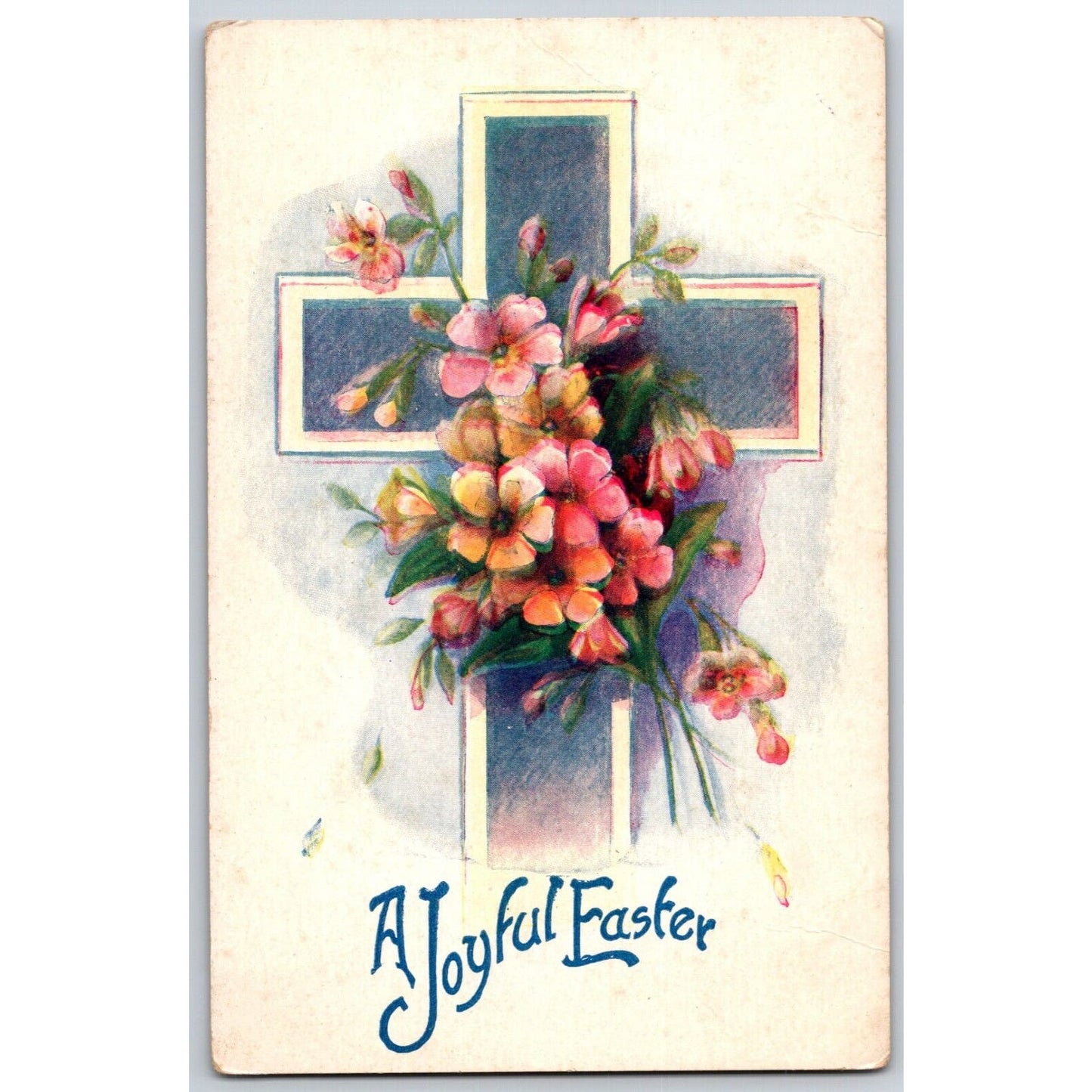 Vintage Easter Postcard "A Joyful Easter" Floral Cross
