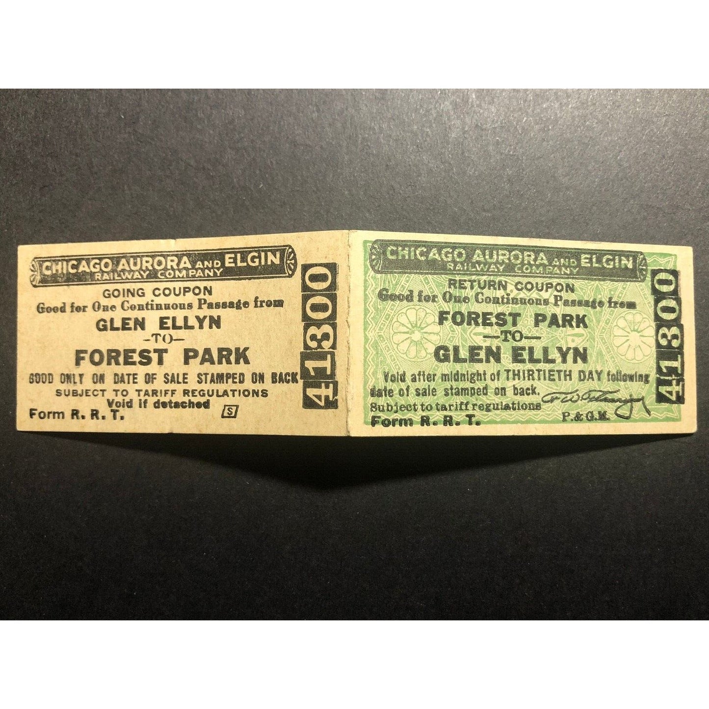 Chicago Aurora and Elgin (1902 - 1957) Forest Park Glen Ellyn Coupon / Ticket