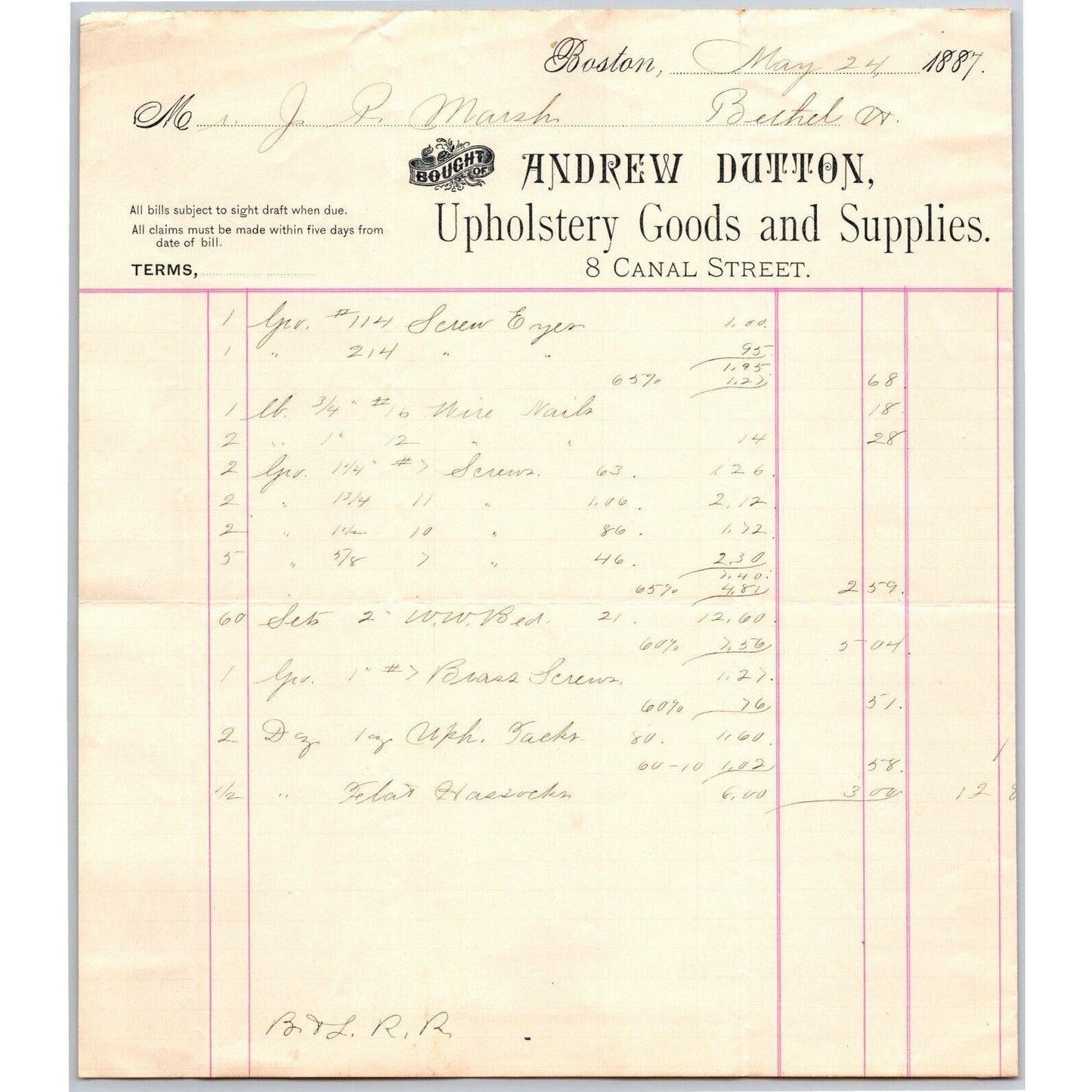 Boston, MA Andrew Dutton Upholstery Goods 1887 Billhead JP Marsh Bethel, VT