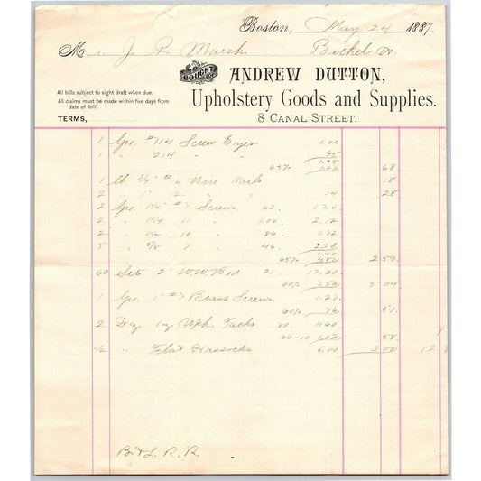 Boston, MA Andrew Dutton Upholstery Goods 1887 Billhead JP Marsh Bethel, VT