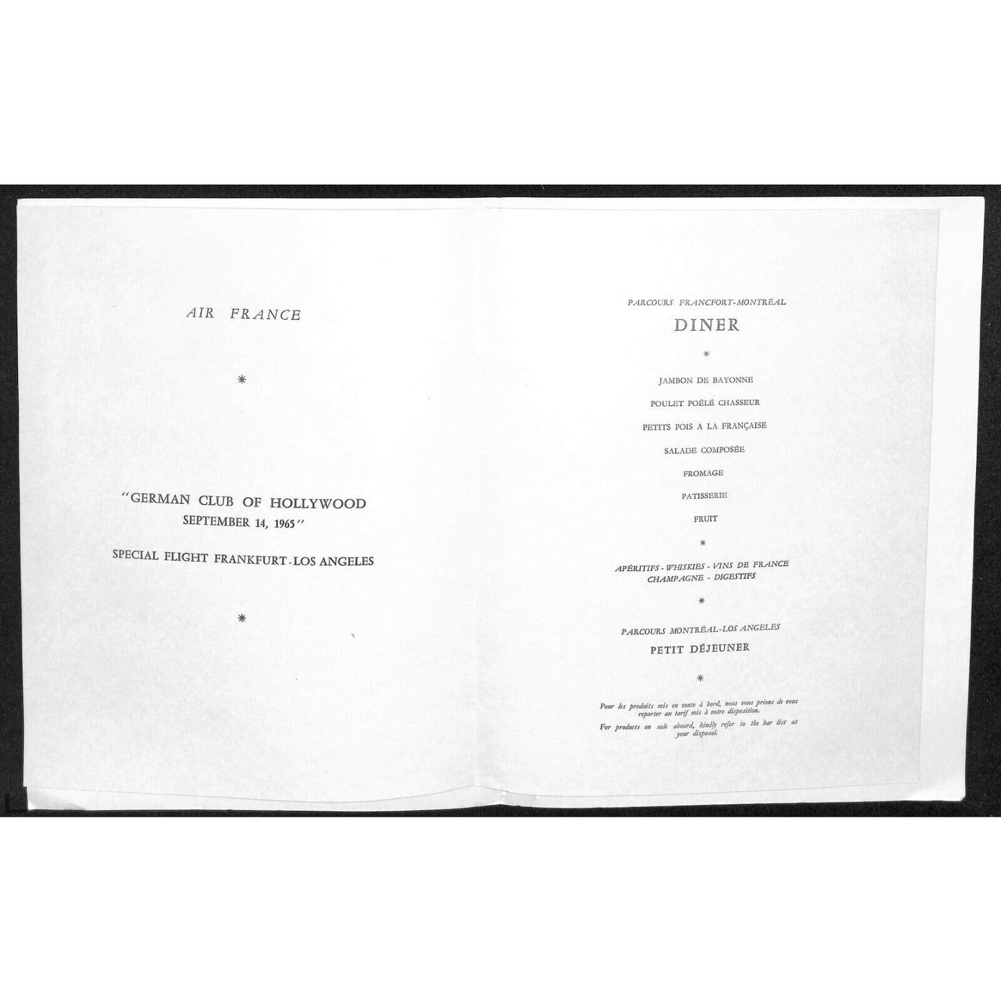 1965 Air France "German Club of Hollywood" Special Flight Frankfurt Dinner Menu