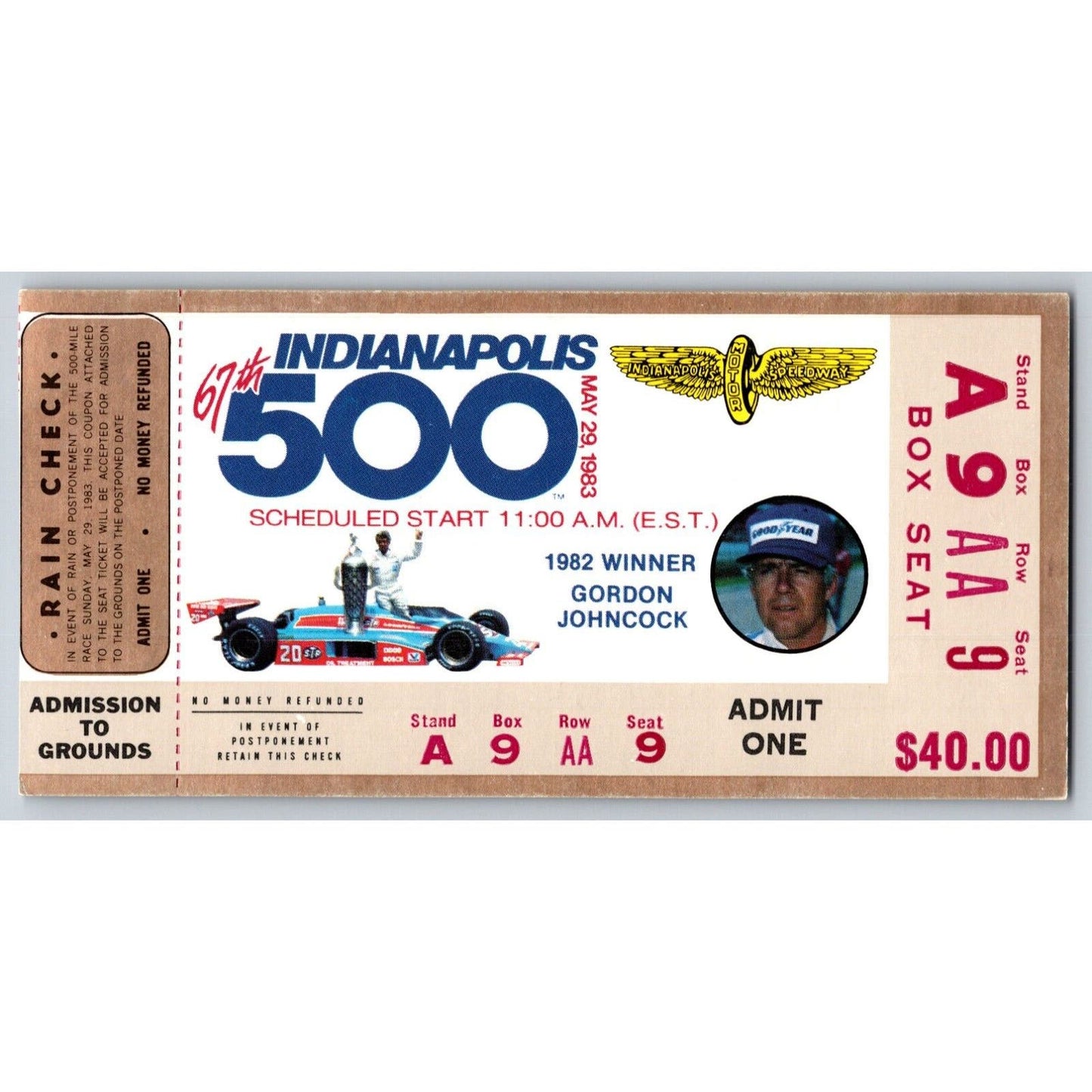 1982 Indianapolis 500 Ticket Stub Racing IMS Gordon Johncock - seat 9