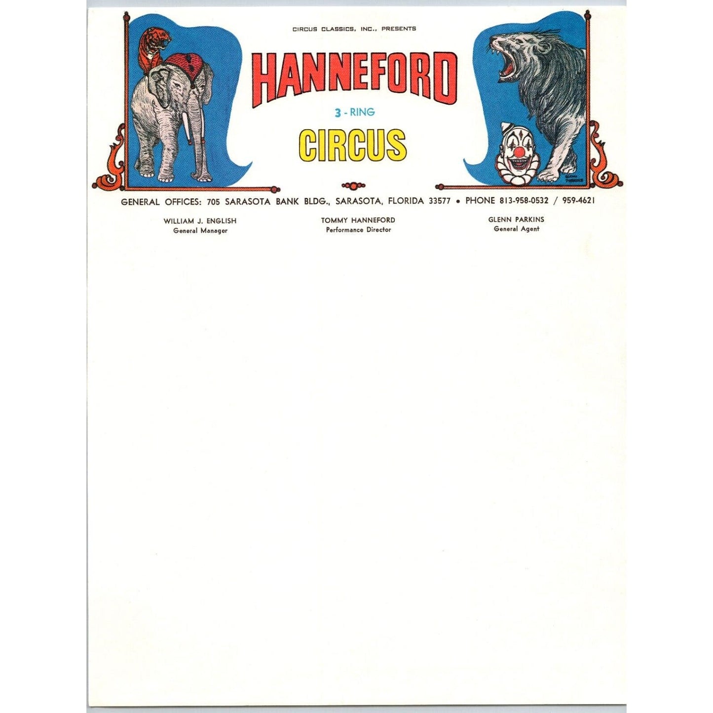 Hanneford 3 Ring Circus Letterhead Sarasota c1972-79 Scarce
