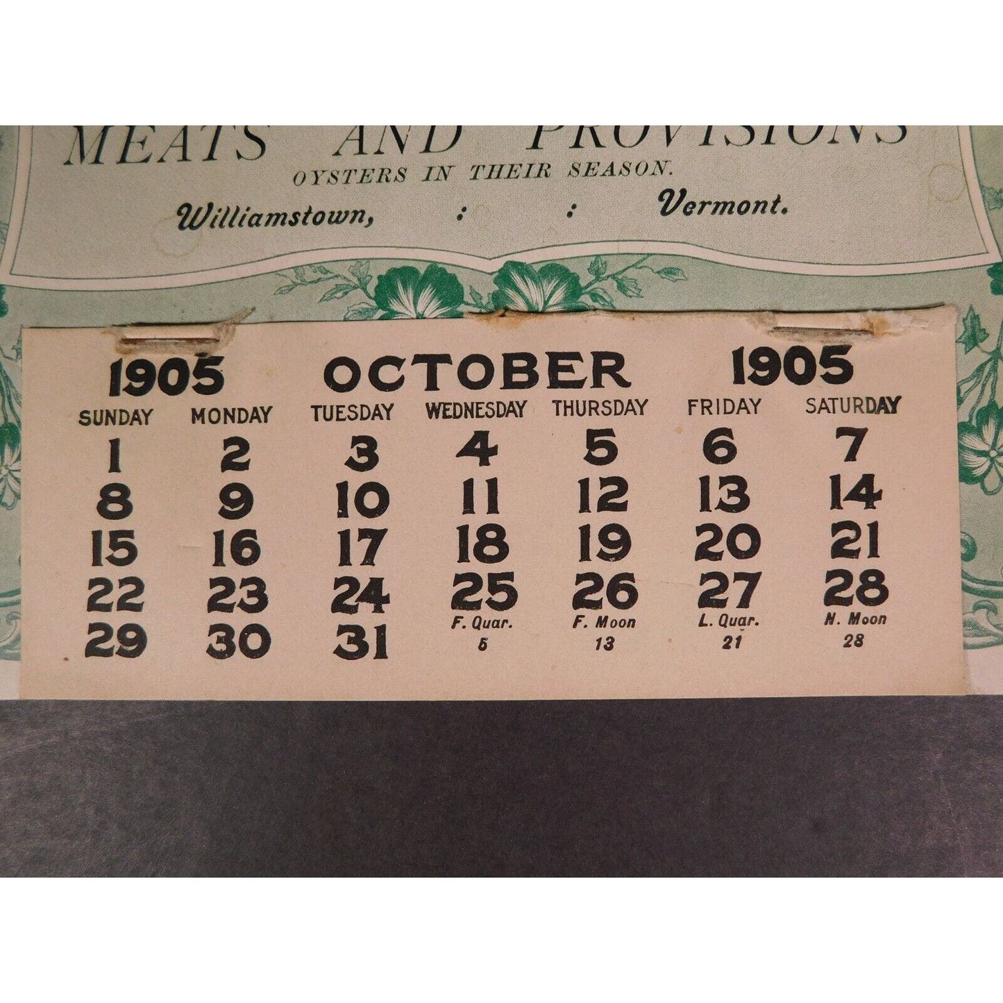 C. E. Ingalls "Meats And Provisions" 1905 Calendar Williamstown Vermont