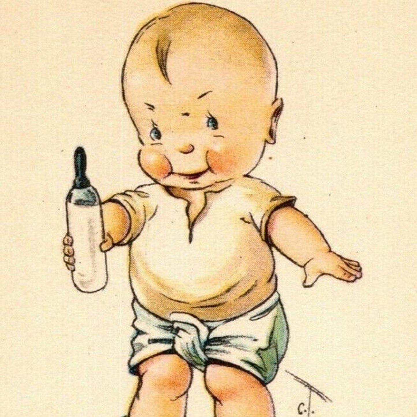 Vintage Postcard c1915 Diapered Standing w/ Bottle "O! I say Old Dear...."