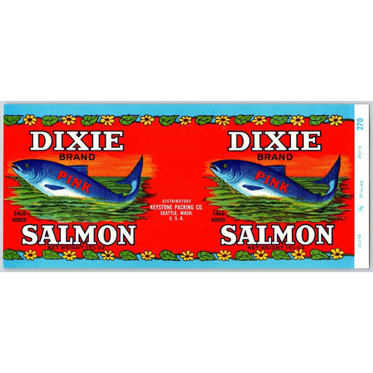 Dixie Brand Pink Salmon Paper Can Label Seattle c1963 Ocean Fish Waves