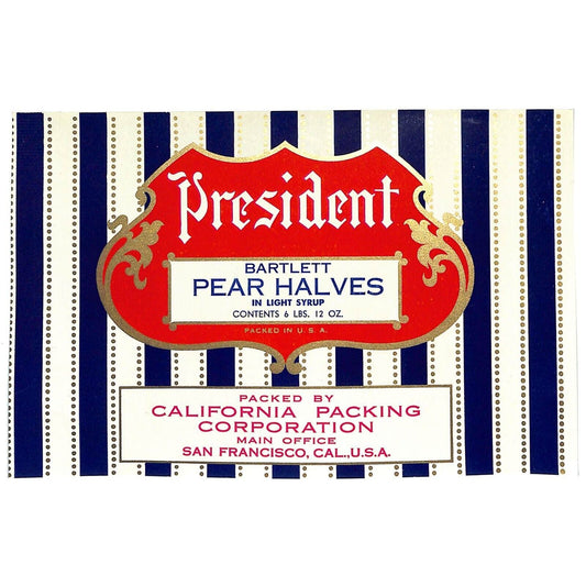 1943 Paper Can Label President Brand Bartlett Pear Halves Light VGC - Scarce