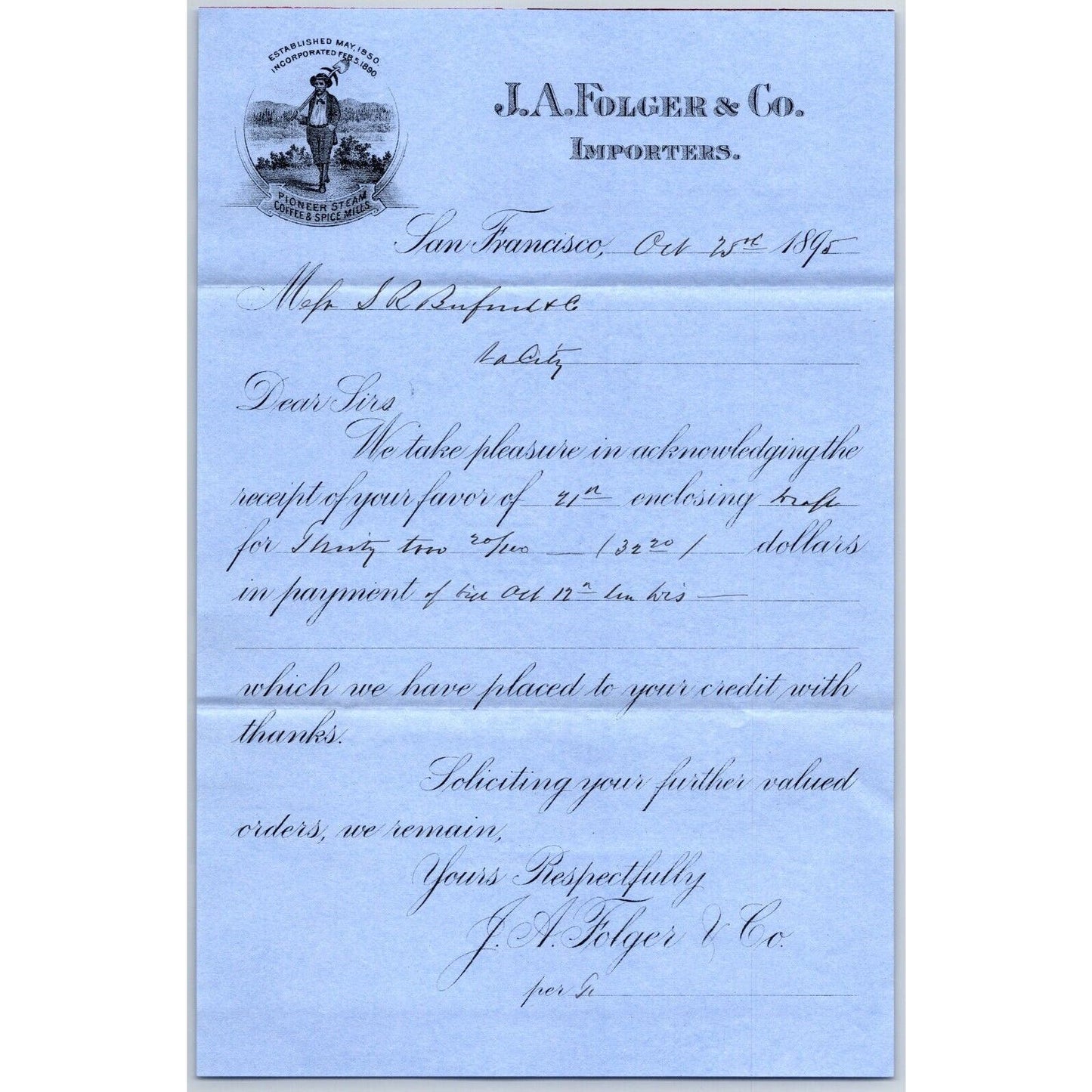 San Francisco J.A. Folger & Co. Buford 1895 Billhead / Statement / Receipt