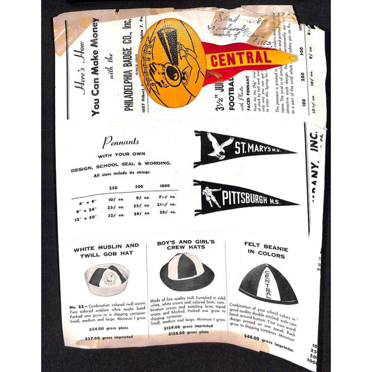 1953 School Football Steel Pinback Button on Catalog Salesman's Sample Sheet