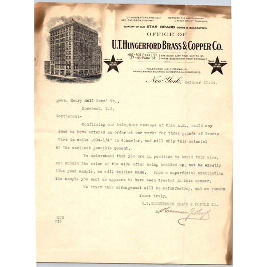 New York City Pearl St U.T. Hungerford Brass & Copper 1904 Letterhead