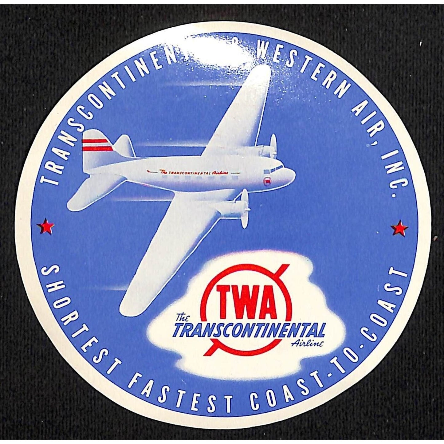 TWA Transcontinental & Western Air Airline Luggage Label - Prop Plane Clouds