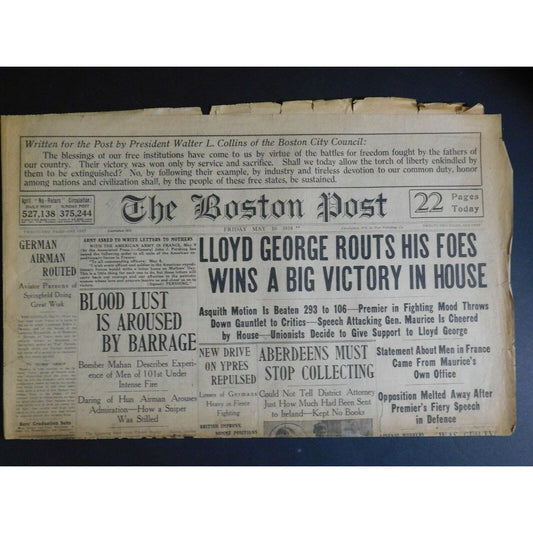 WWI Era Newspaper - The Boston Post - May 10 1918 - 4 pgs.