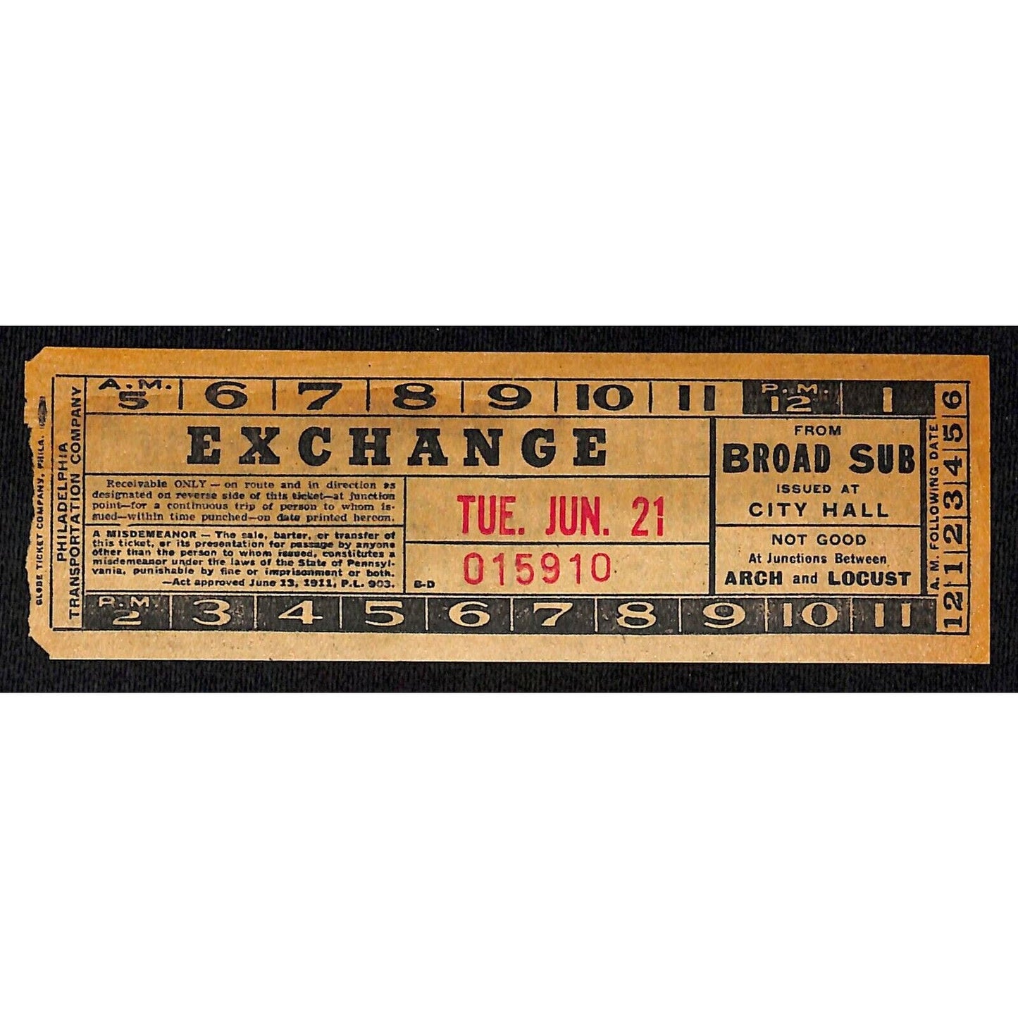 Vintage c1940's-50's Ticket - Philadelphia Transit Co. Arch & Locust #15910