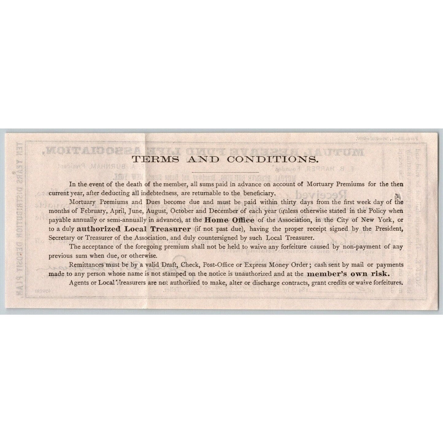 1896 Ex Civil War Soldier Document Mutual Reserve Fund Life Ins. Receipt $18.48