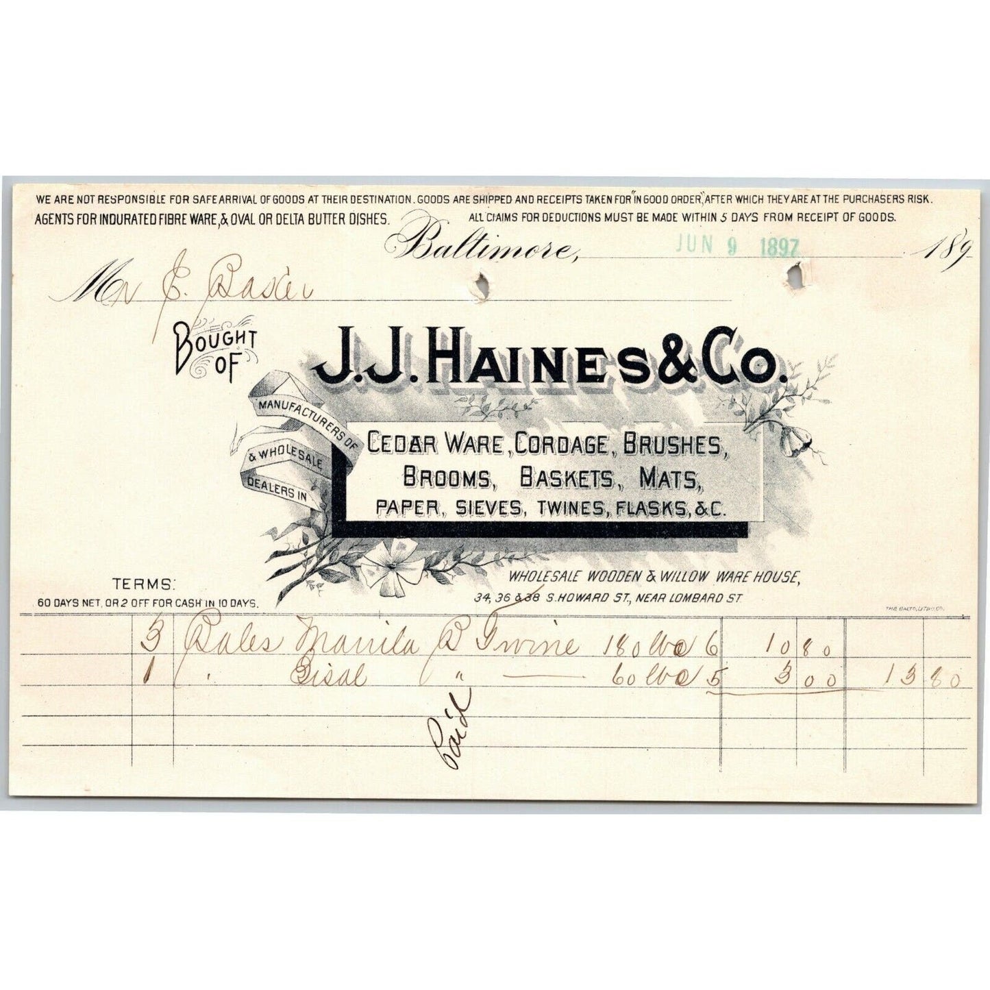 1897 Letterhead Billhead J.J. Haines Cordage Mats Baltimore Ephraim Baker*