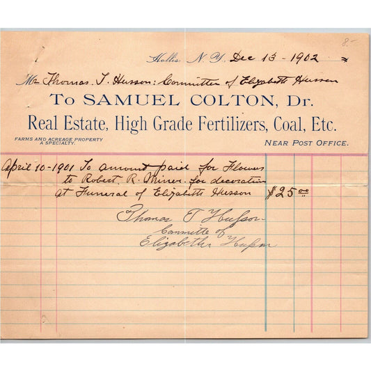 1902 Hollis, NY (Queens) Letterhead Samuel Colton Real Estate Fertilizers Coal