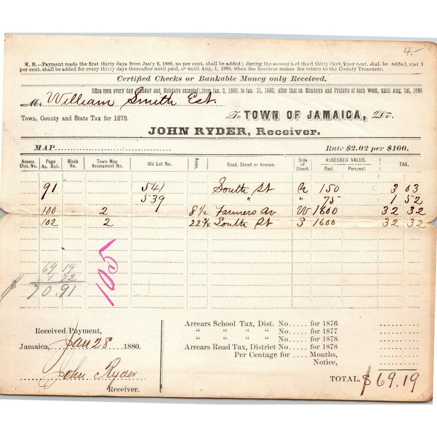 1879 Jamaica, NY Letterhead Town Country State (Property) Tax $2.02 per $100