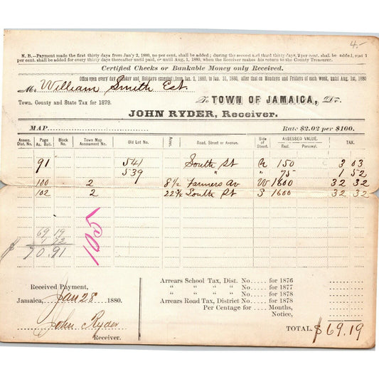 1879 Jamaica, NY Letterhead Town Country State (Property) Tax $2.02 per $100
