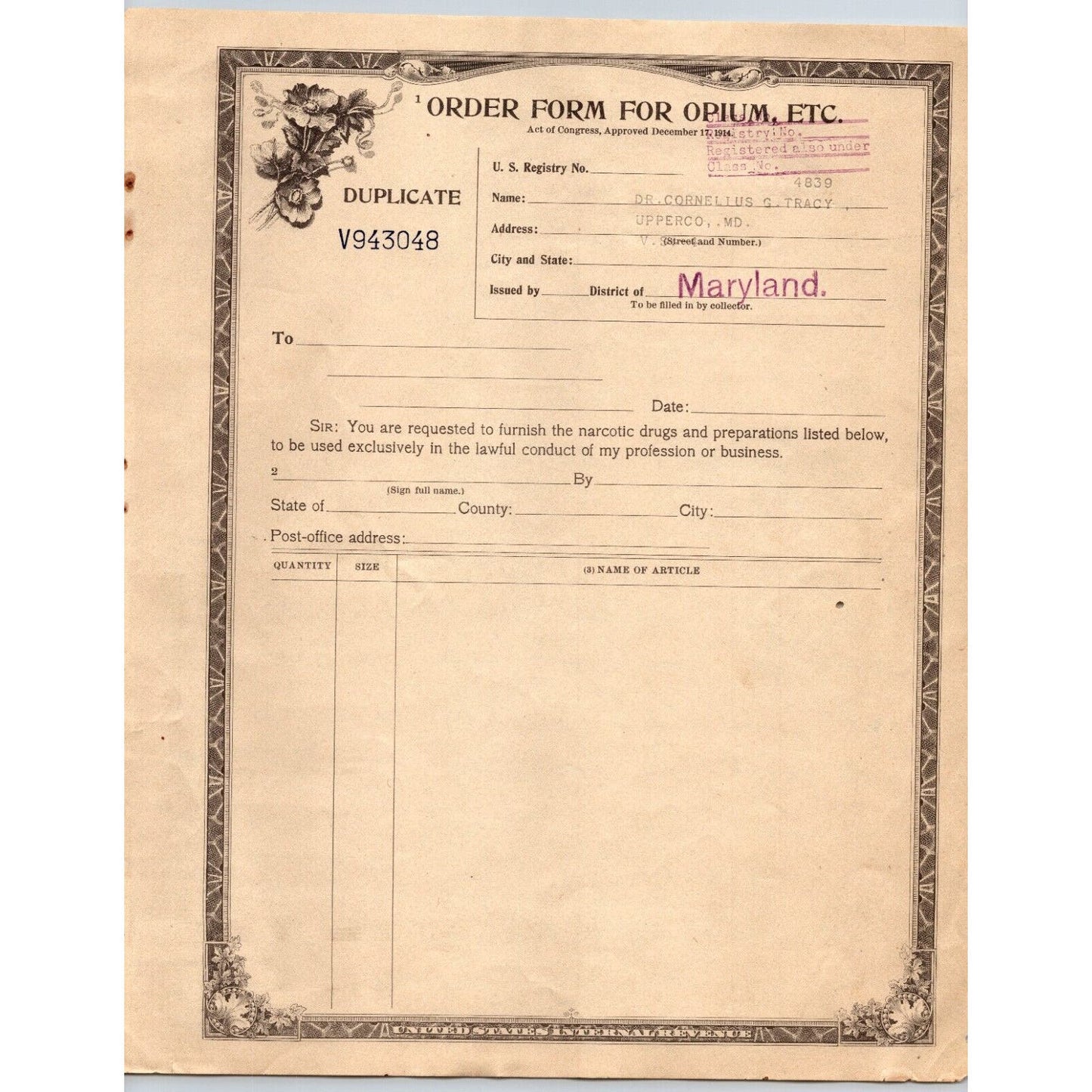 Opium / Narcotic Order Form - Duplicate IRS Issued in Maryland c1922 V943048
