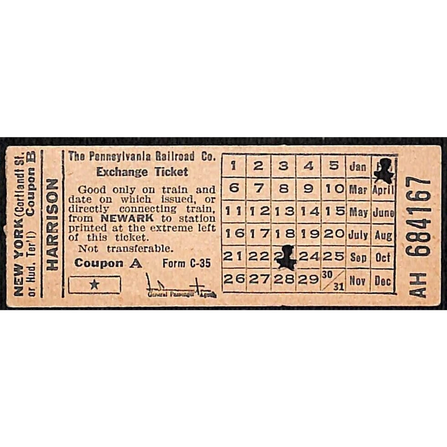 Pennsylvania Railroad Exchange Ticket / Coupon Newark to Harrison #684167