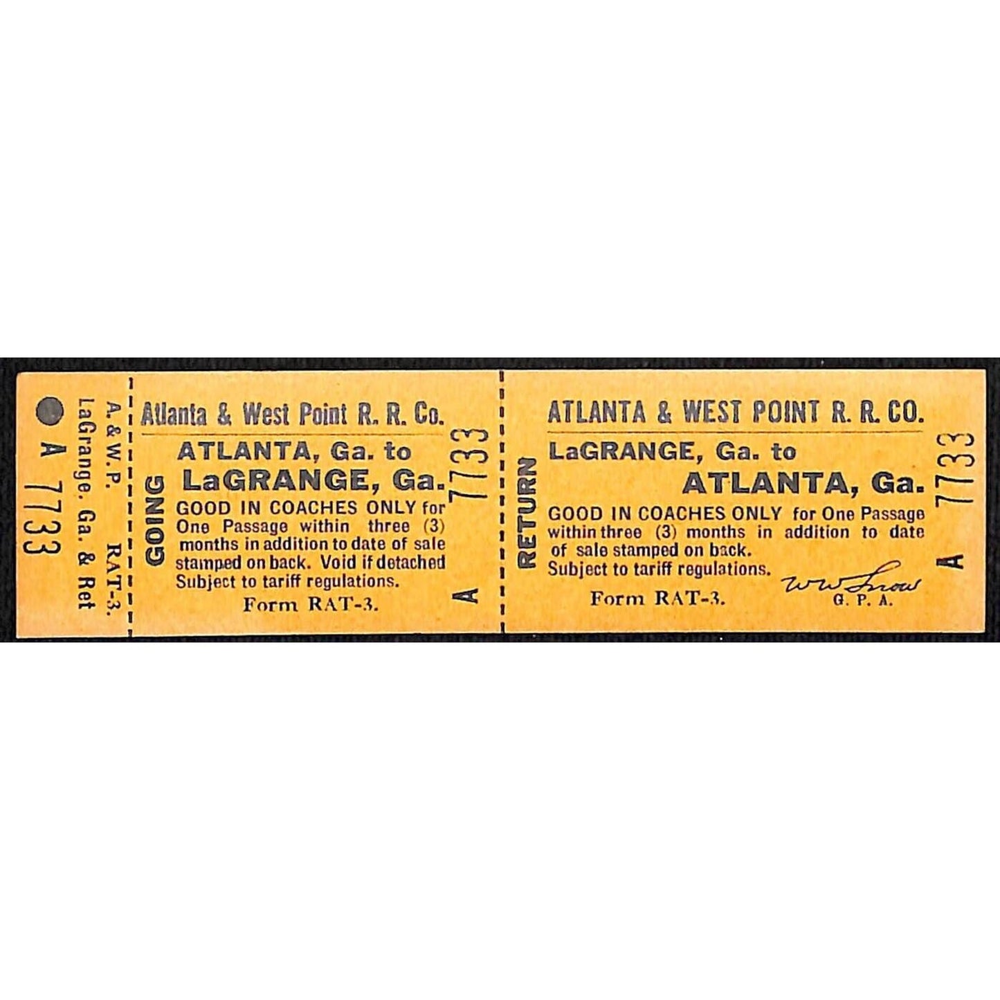 Atlanta & West Point Railroad Unused Ticket w/ Stub LaGrange #7733 VOID*