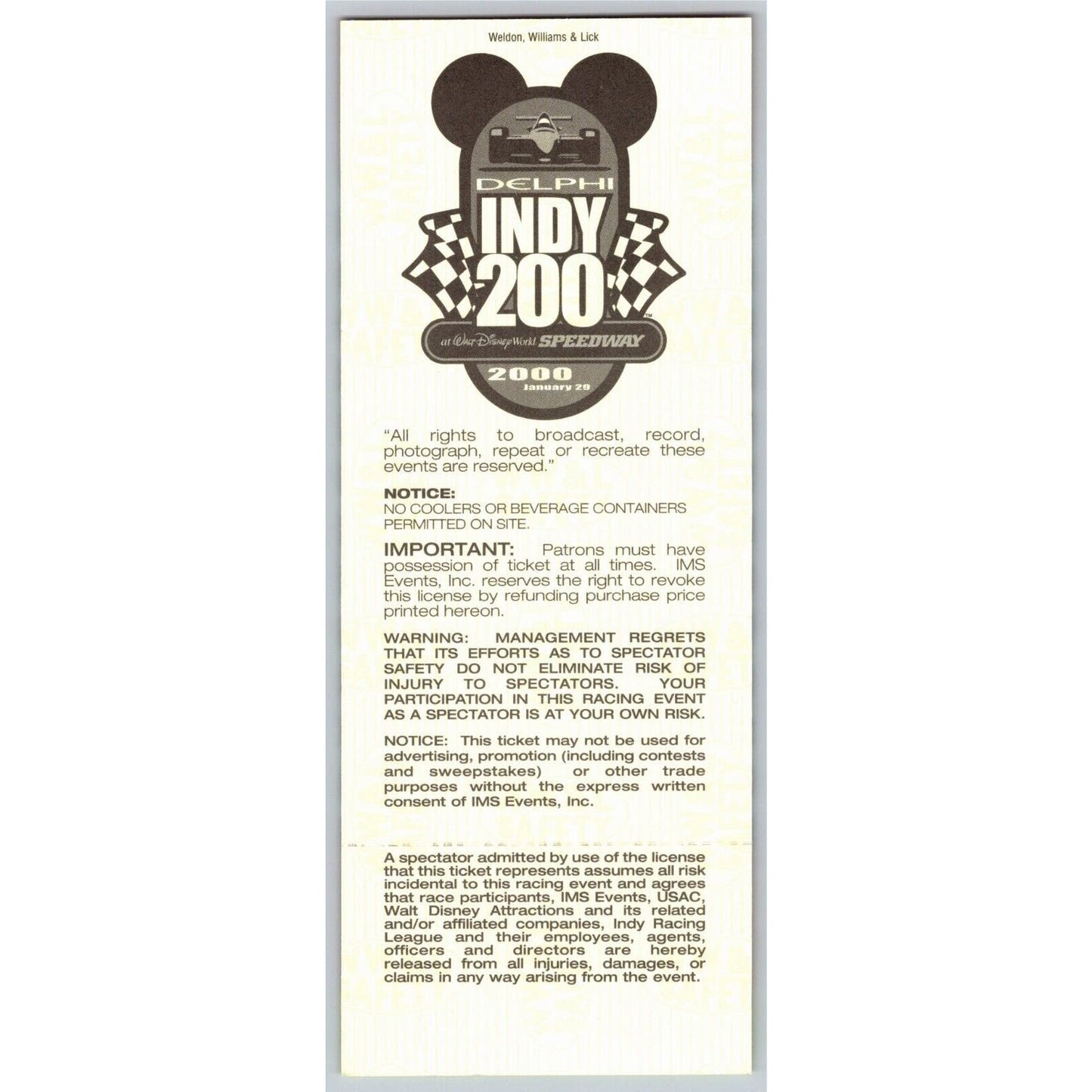 2000 Indy 200 Walt Disney Speedway Practice Unused Ticket - VGC