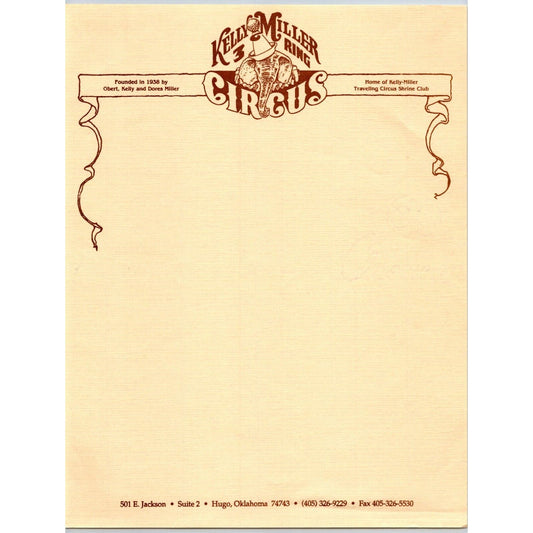 Kelly Miller 3 Ring Circus Letterhead Hugo, OK Elephant c1970's Scarce