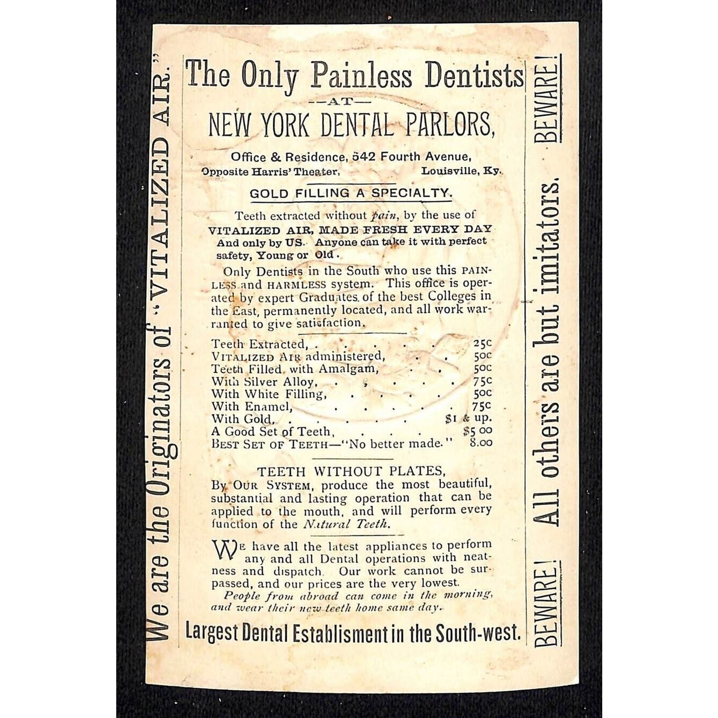 New York Dental Parlors Louisville, KY Victorian Trade Card - Home Winter Scene