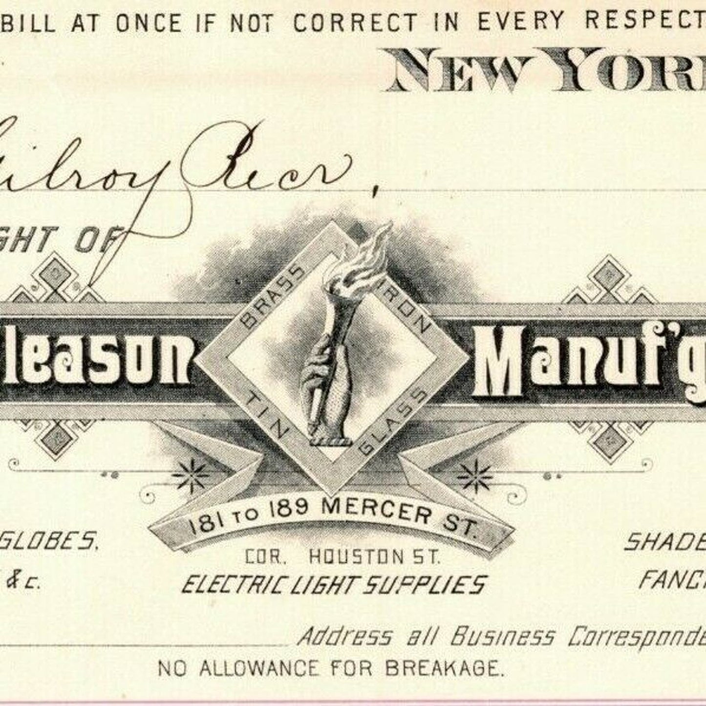 1888 E. P. Gleason Chimneys Lanterns Billhead Letterhead Mercer St. NYC