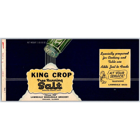 King Crop Free Running Salt Paper Label 1948 Lawndale Chicago, IL - Scarce