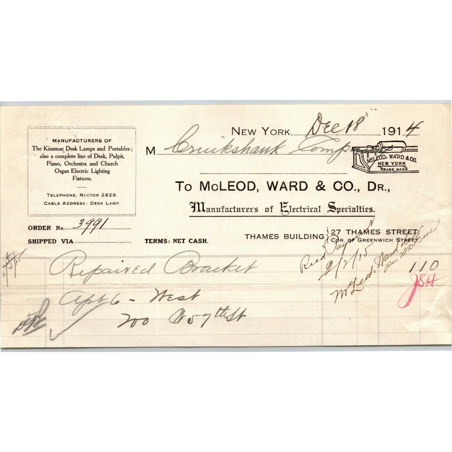 1914 McLeod, Ward & Co. Electrical Letterhead Billhead 27 Thames St. NYC