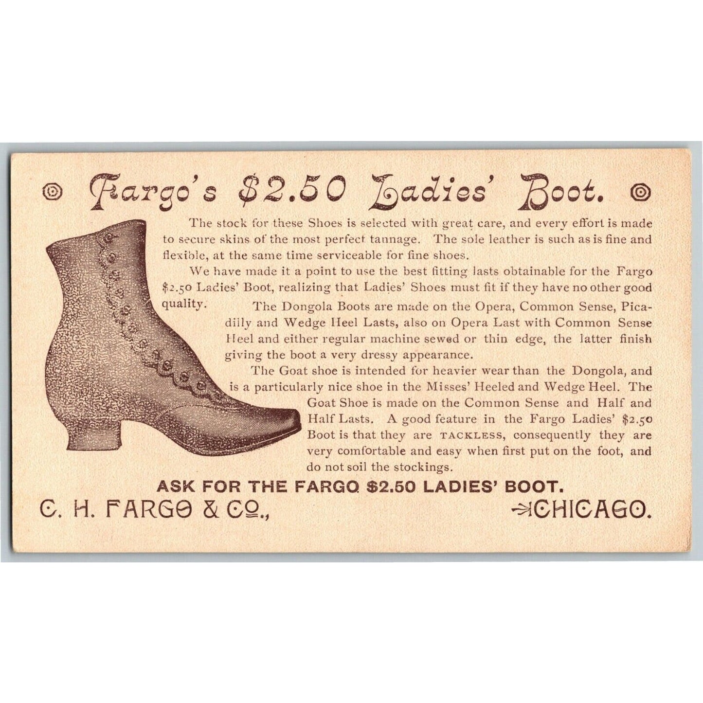 Large Scarce 1893 Chicago World's Fair Trade Card Fargo's $2.50 Ladies' Boot