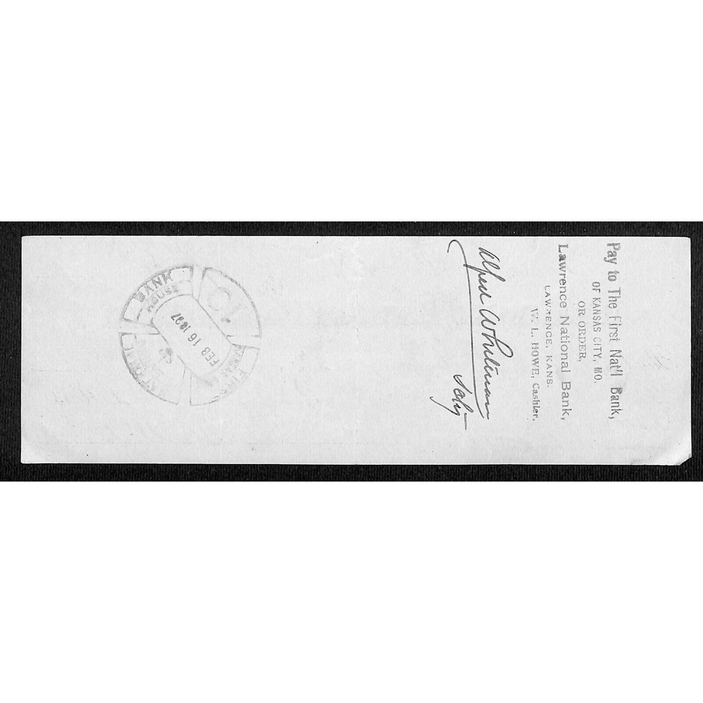 1897 Mechanics Bank of Kansas City, MO Bank Check VGC