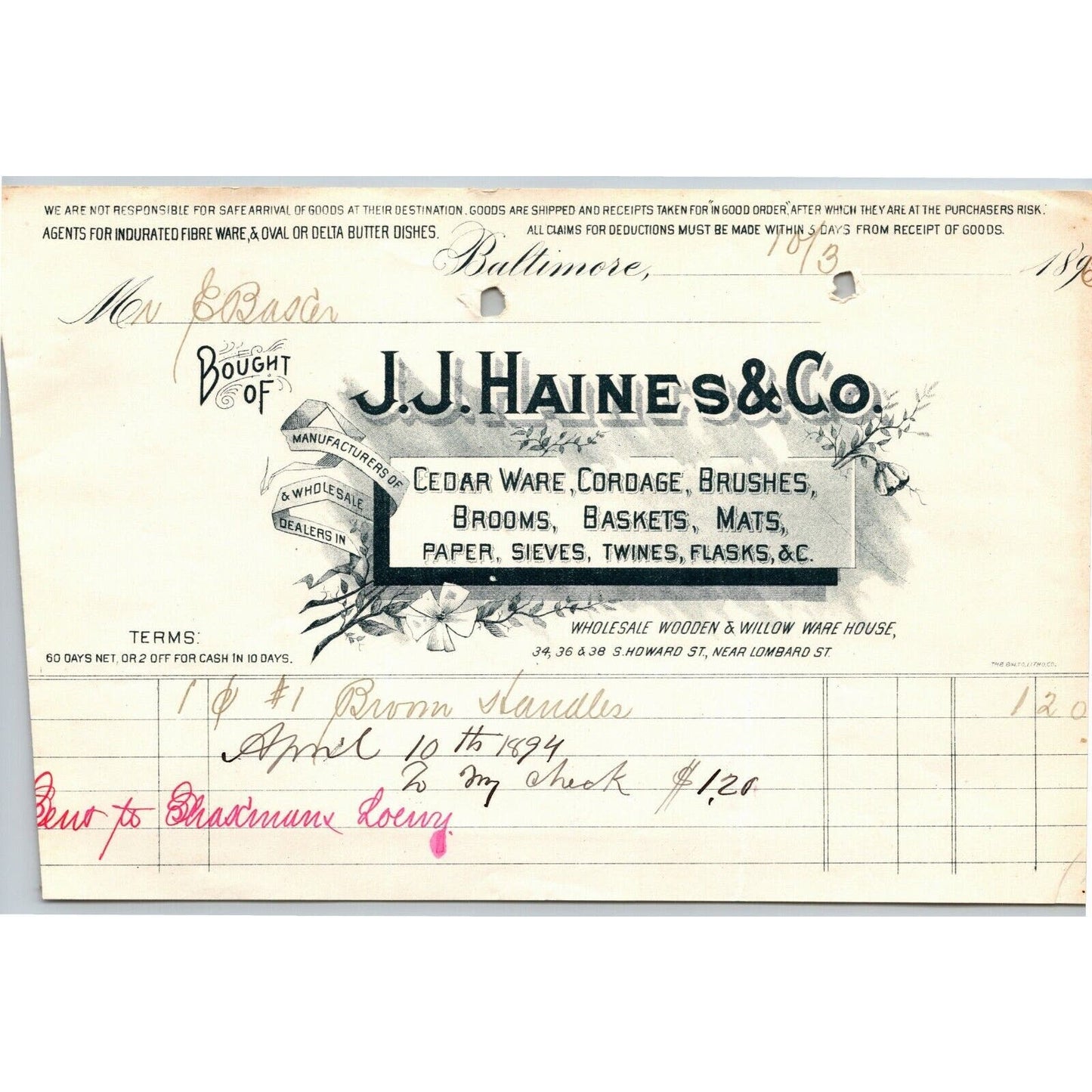 1896 Letterhead Billhead J.J. Haines Paper Twines Baltimore Ephraim Baker*