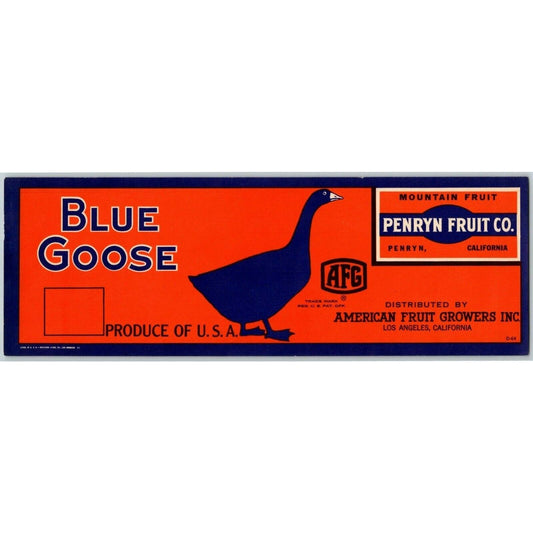 Blue Goose Penryn Fruit Co. American Fruit Growers Original Paper Crate Label