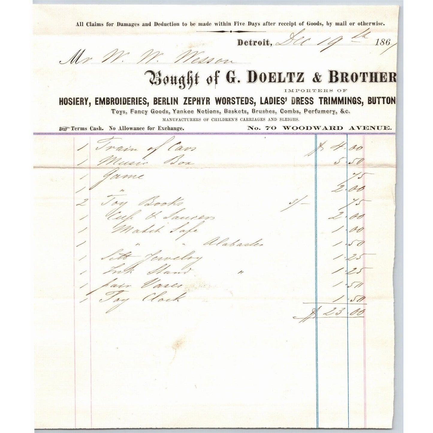 Detroit Letterhead G. Doeltz & Brothers Jewelry Berlin Zephyr Worsteds 1867