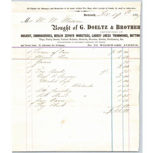 Detroit Letterhead G. Doeltz & Brothers Jewelry Berlin Zephyr Worsteds 1867