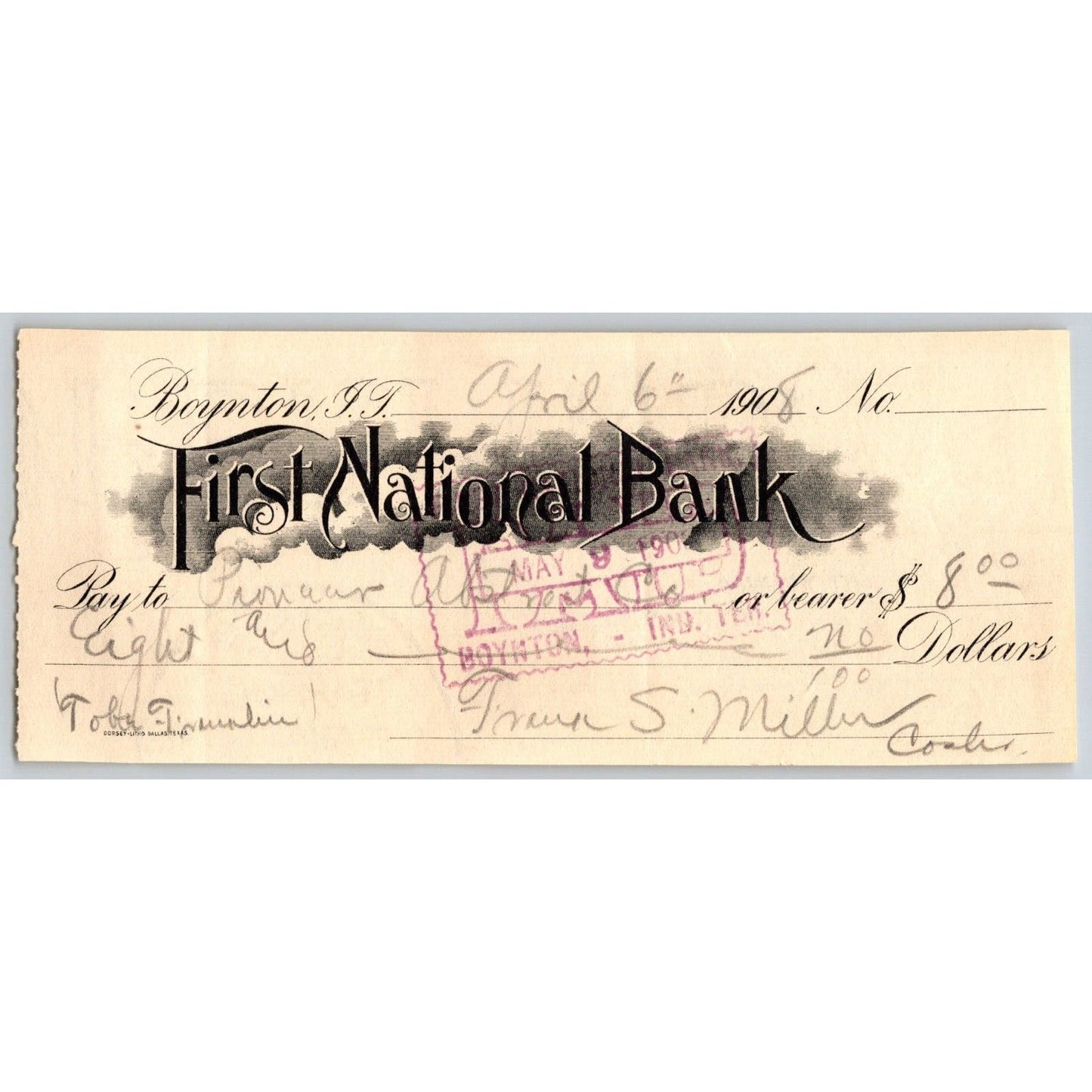 Boynton, OK 1908 Indian Territory* FNB Bank Check Clouds - Scarce