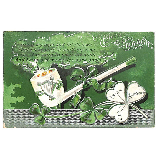 Dear Irish Memories Postcard Harp Pipe Clover Erin Go Bragh Harp Silver Ink 1910