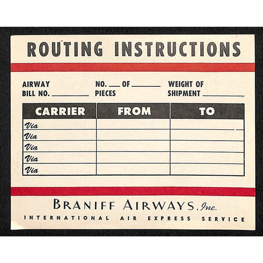 Braniff Airways Intl Express "Routing Instructions" Gum Label c1960's VGC Scarce