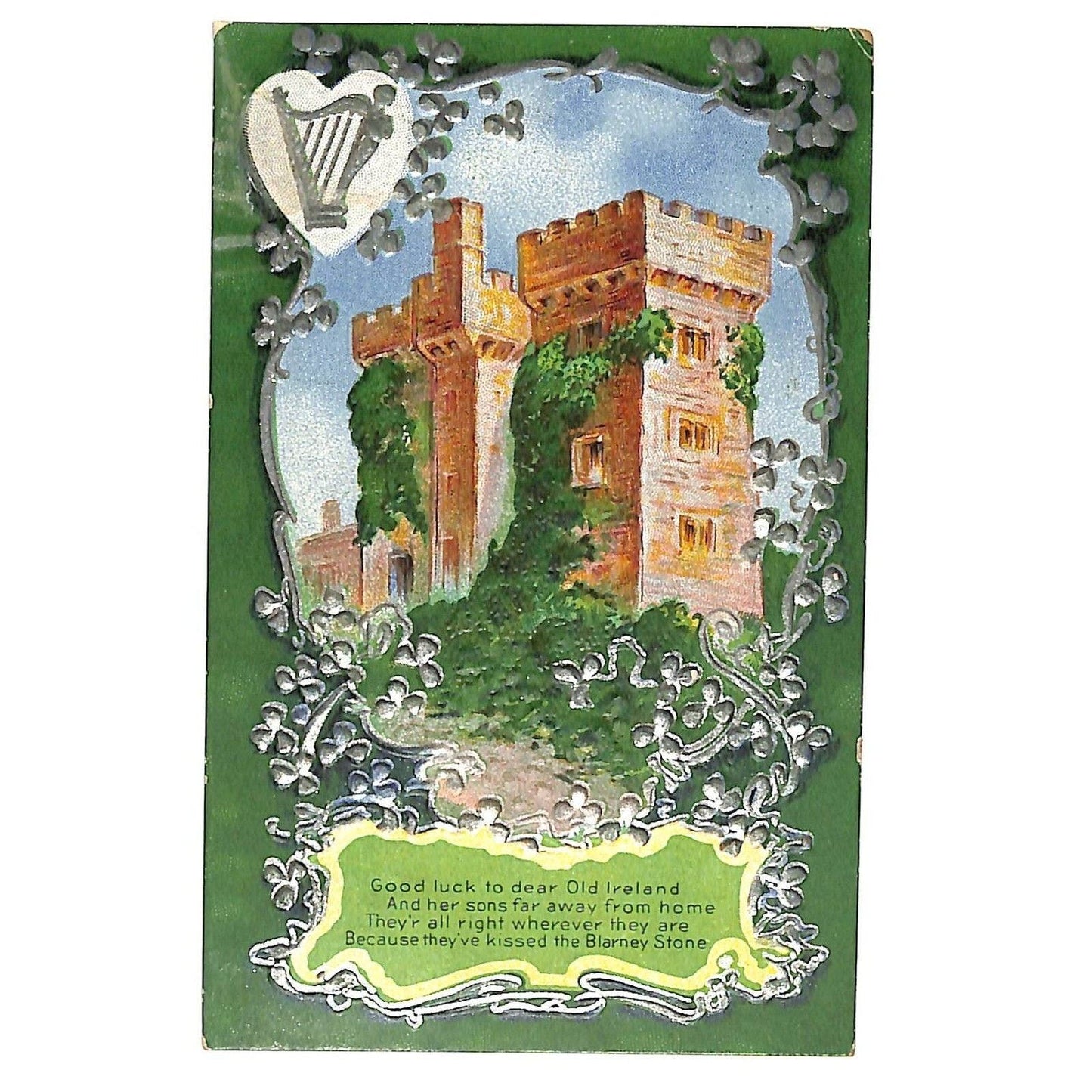 "Good Luck to Dear Old Ireland" Postcard Castle Harp Embossed PM 1910