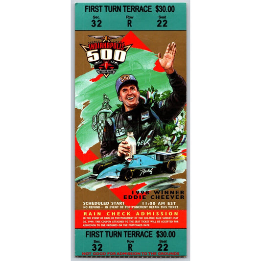 1999 Indianapolis 500 Ticket Stub Racing IMS Eddie Cheever - seat 22