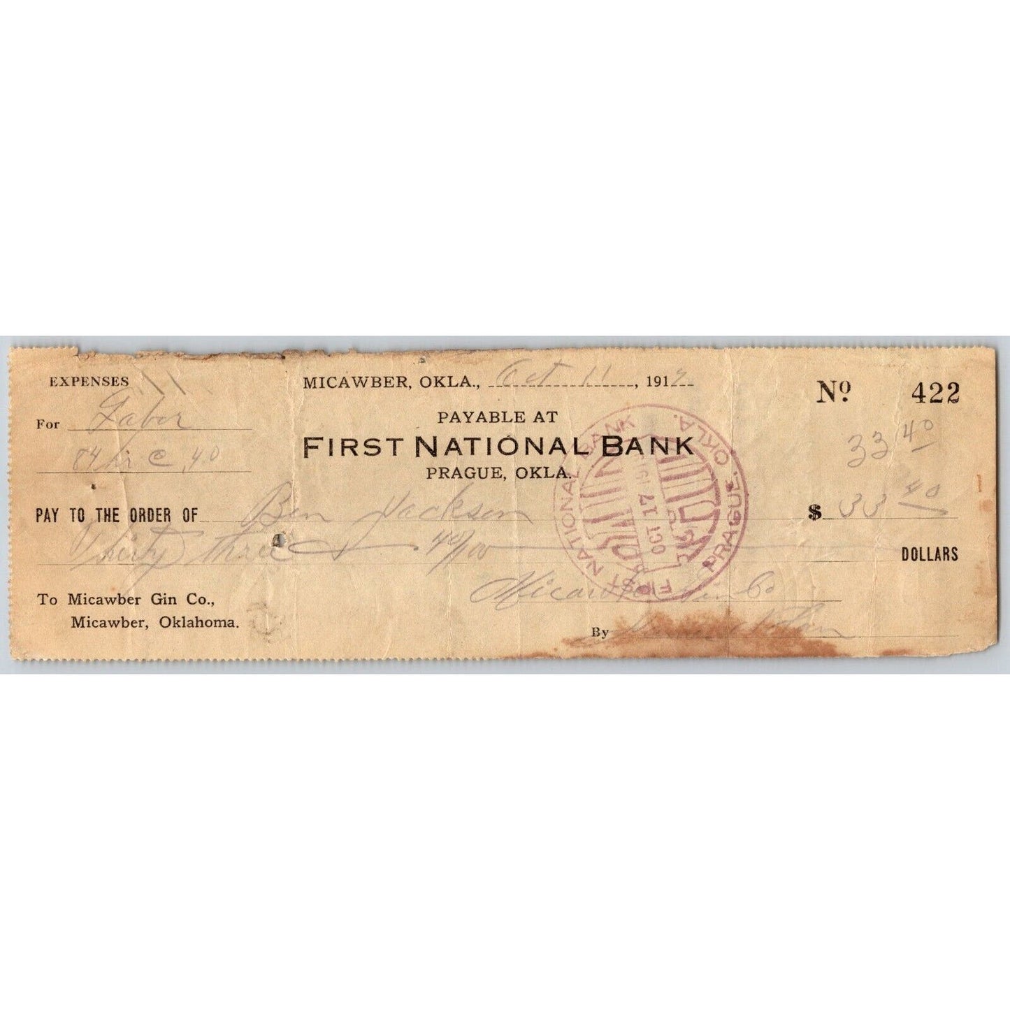 Micawber, Oklahoma Ghost Town 1919 FNB Bank Prague Check Scarce