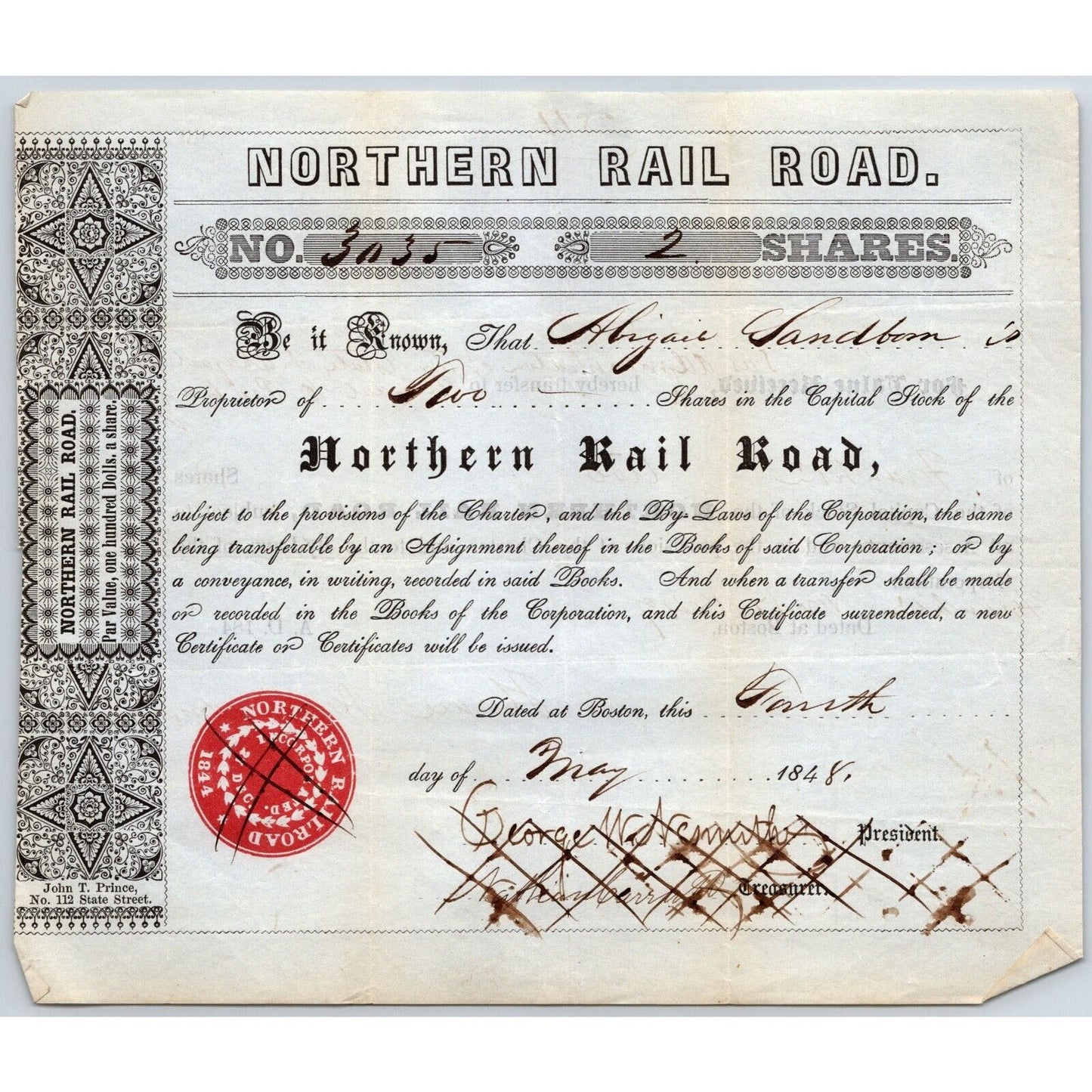 1848 Boston, MA Northern Railroad Stock Certificate No. 3035 for 2 Shares