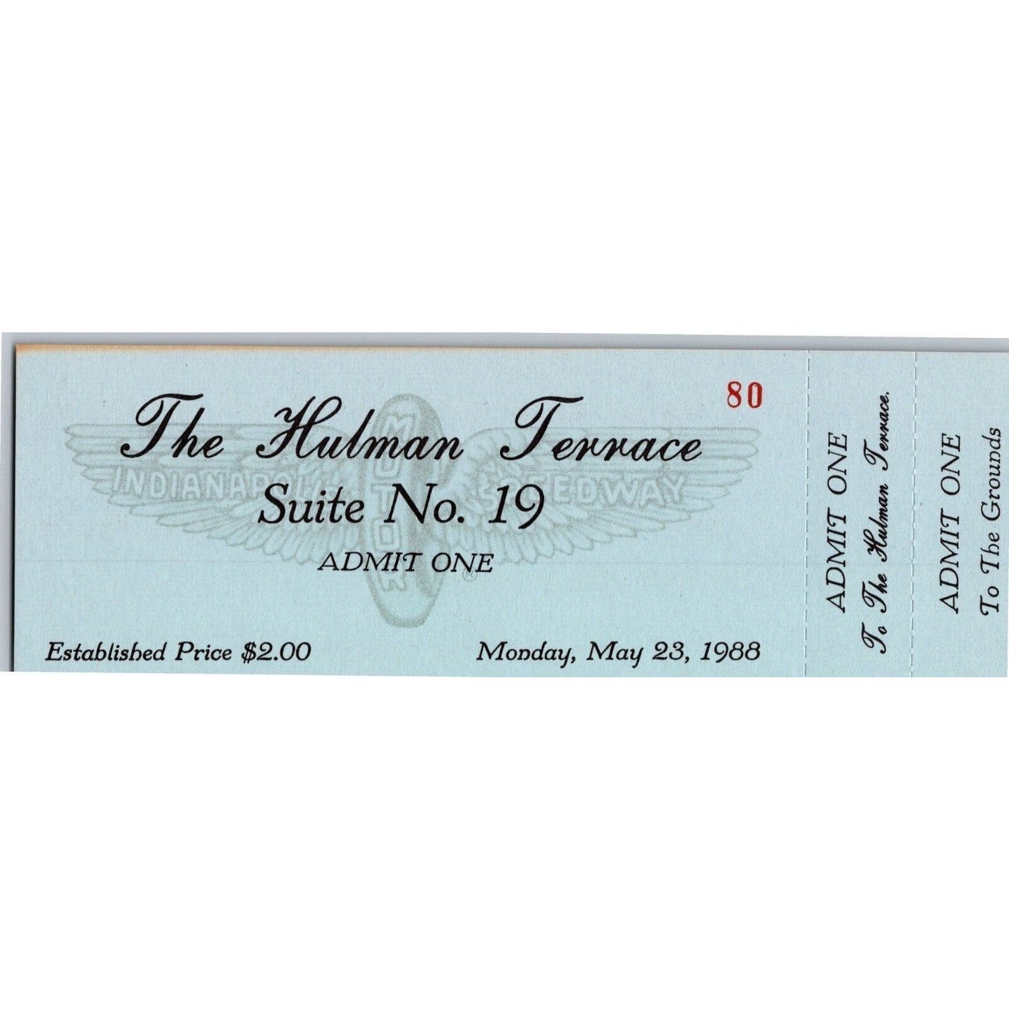 1988 Indy 500 The Hulman Terrace Unused Monday Ticket Indianapolis IMS #80