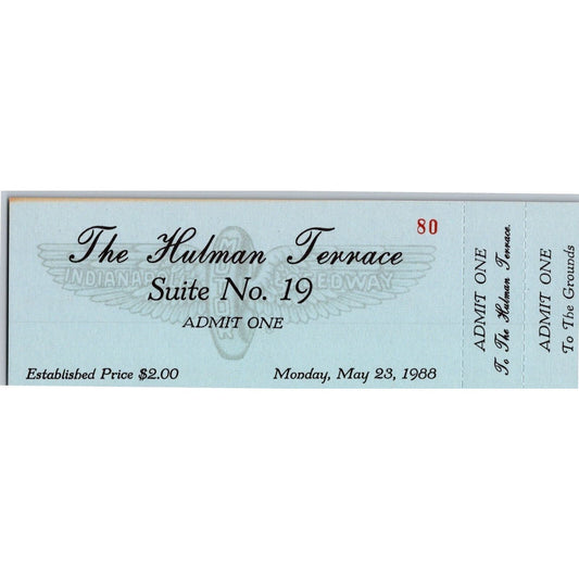 1988 Indy 500 The Hulman Terrace Unused Monday Ticket Indianapolis IMS #80