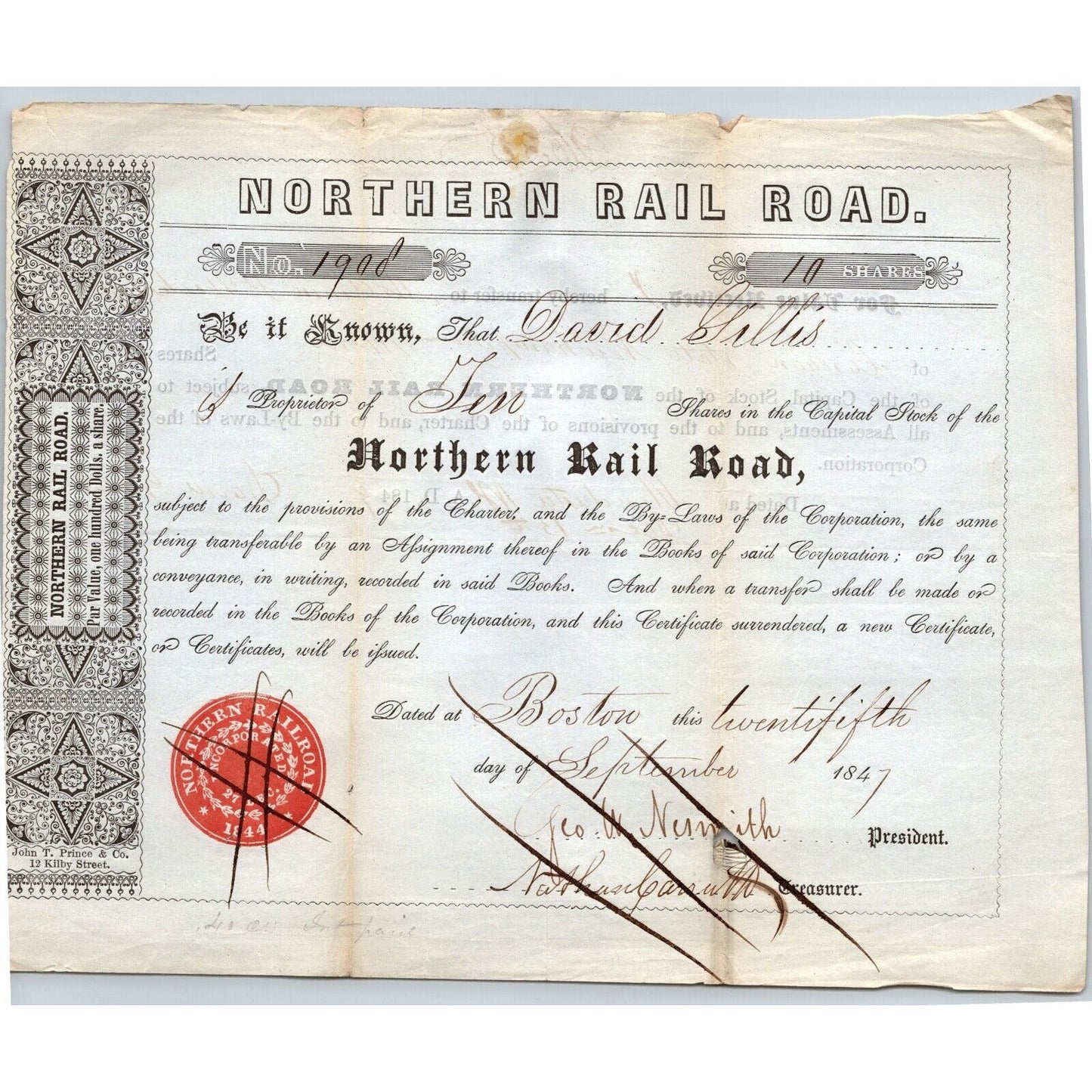 1847 Boston, MA Northern Railroad Stock Certificate No. 1908 for 10 Shares